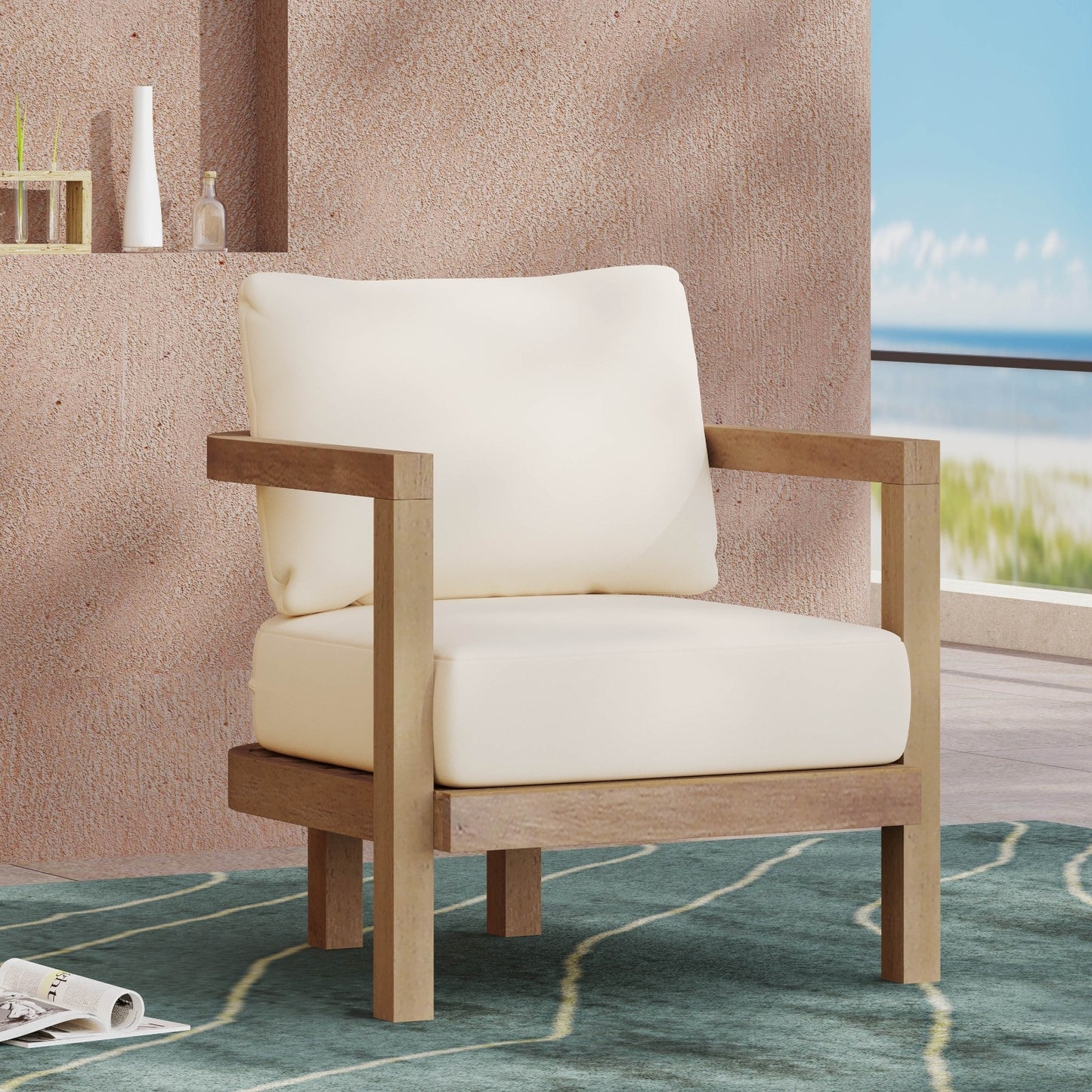 Outdoor Acacia Wood Patio Club Chair, Patio Furniture,Waterproof Thick Cushion Deep Seating For Porch or Deck