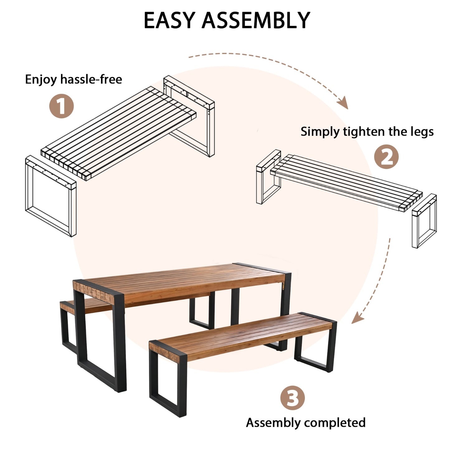 3-pieces Outdoor Dining Table 2 Benches, Patio Dining Set With Unique Top Texture, Acacia Wood