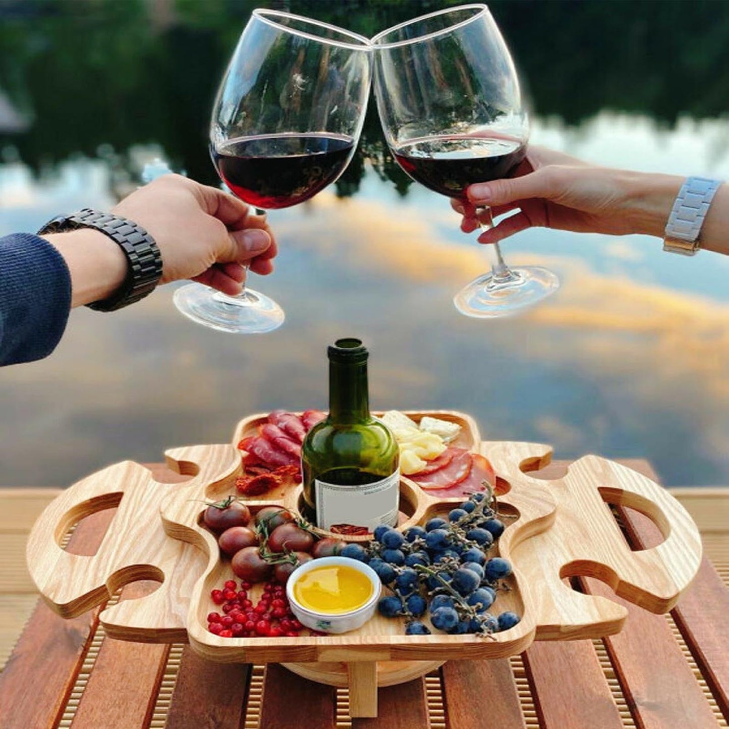 Wooden Outdoor Couple Picnic Table Wine Rack Table
