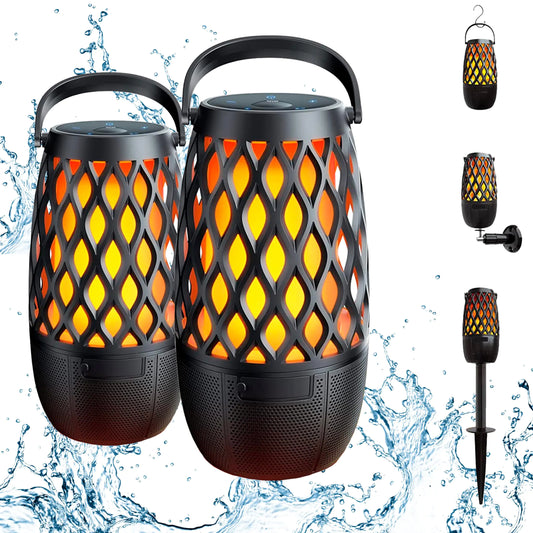 2 Pcs Tiki Torch Speakers Bluetooth Wireless Outdoor Lantern Speaker Flame Light Multi-Sync Bluetooth Speaker Lights Outdoor Patio Fire Speaker IPX6 Waterproof