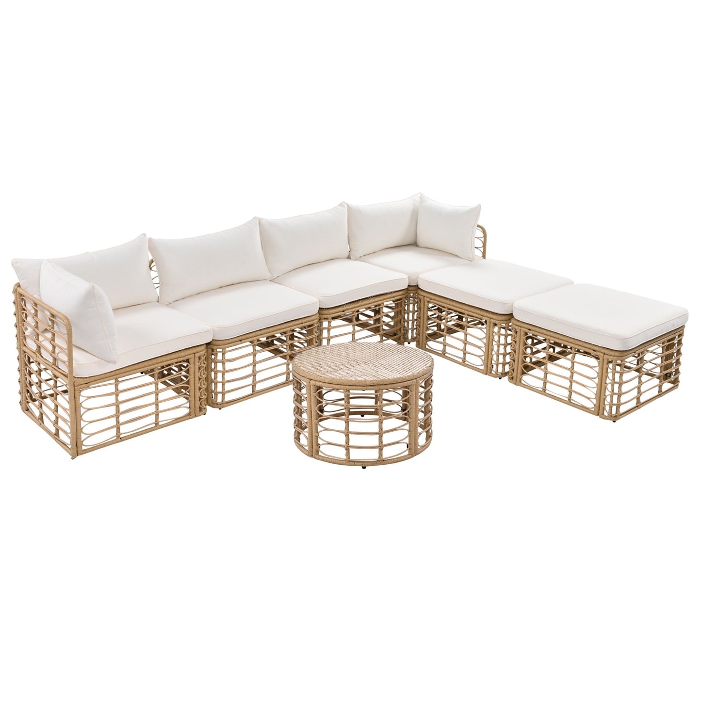 7 Pieces Outdoor Patio Furniture, All-Weather Rattan Sectional Sofa Set With Thick Cushions And P