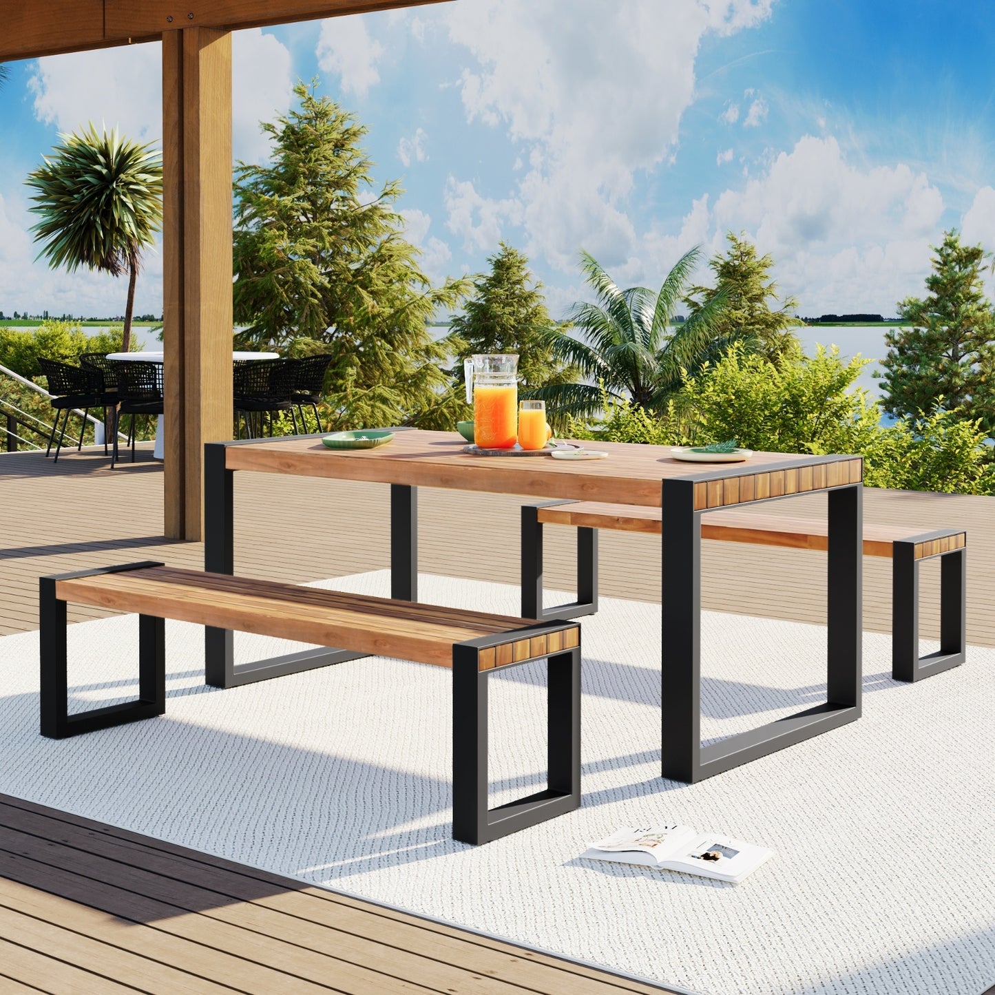 3-pieces Outdoor Dining Table 2 Benches, Patio Dining Set With Unique Top Texture, Acacia Wood
