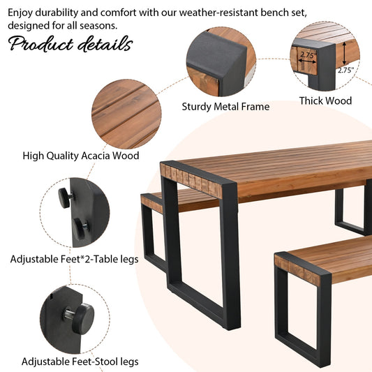 3-pieces Outdoor Dining Table 2 Benches, Patio Dining Set With Unique Top Texture, Acacia Wood