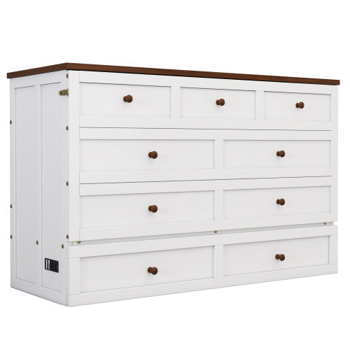 Solid Pine Murphy Bed Chest With Charging Station And Large Storage Drawer For Home Office Or Small Room , Full, White Walnut