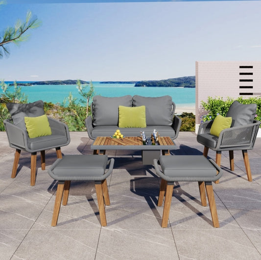 K&K 6-Piece Rope Patio Furniture Set, Outdoor Furniture With Acacia Wood Cool Bar Table With Ice Bucket