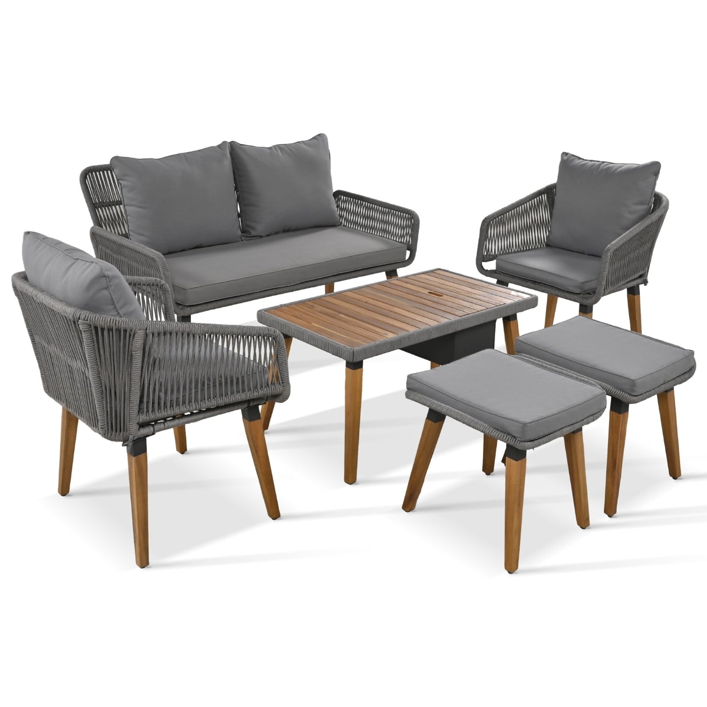 K&K 6-Piece Rope Patio Furniture Set, Outdoor Furniture With Acacia Wood Cool Bar Table With Ice Bucket