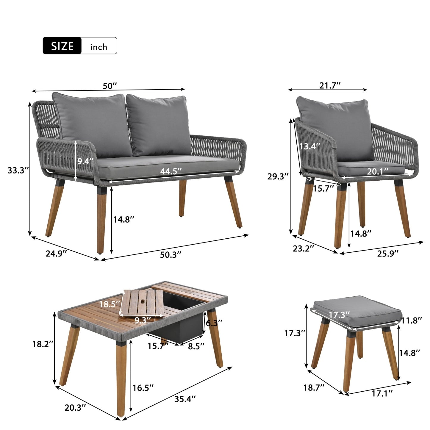 K&K 6-Piece Rope Patio Furniture Set, Outdoor Furniture With Acacia Wood Cool Bar Table With Ice Bucket