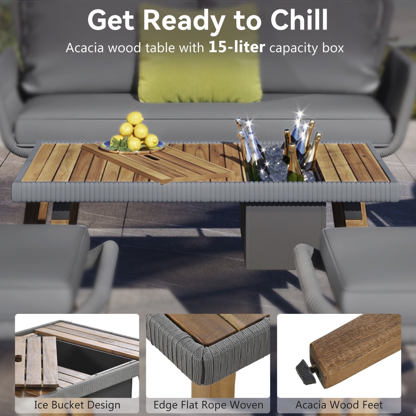 K&K 6-Piece Rope Patio Furniture Set, Outdoor Furniture With Acacia Wood Cool Bar Table With Ice Bucket