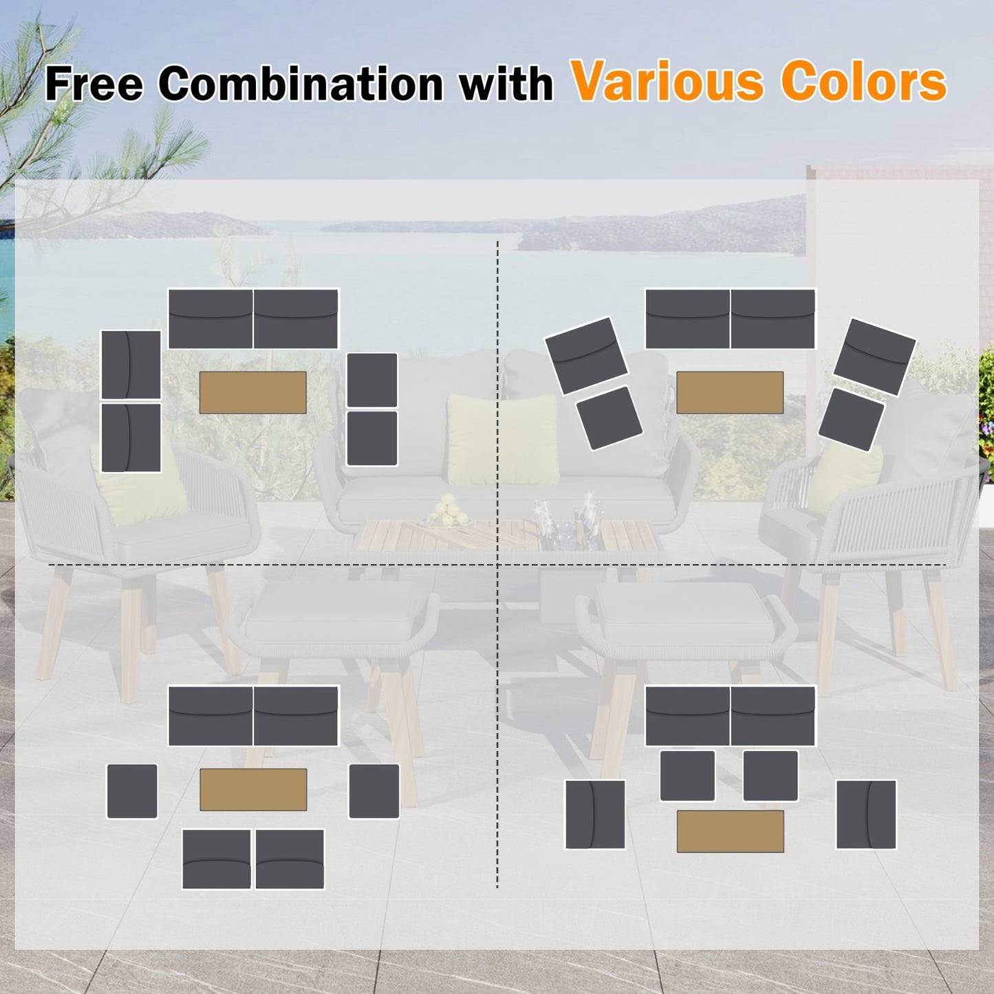 K&K 6-Piece Rope Patio Furniture Set, Outdoor Furniture With Acacia Wood Cool Bar Table With Ice Bucket