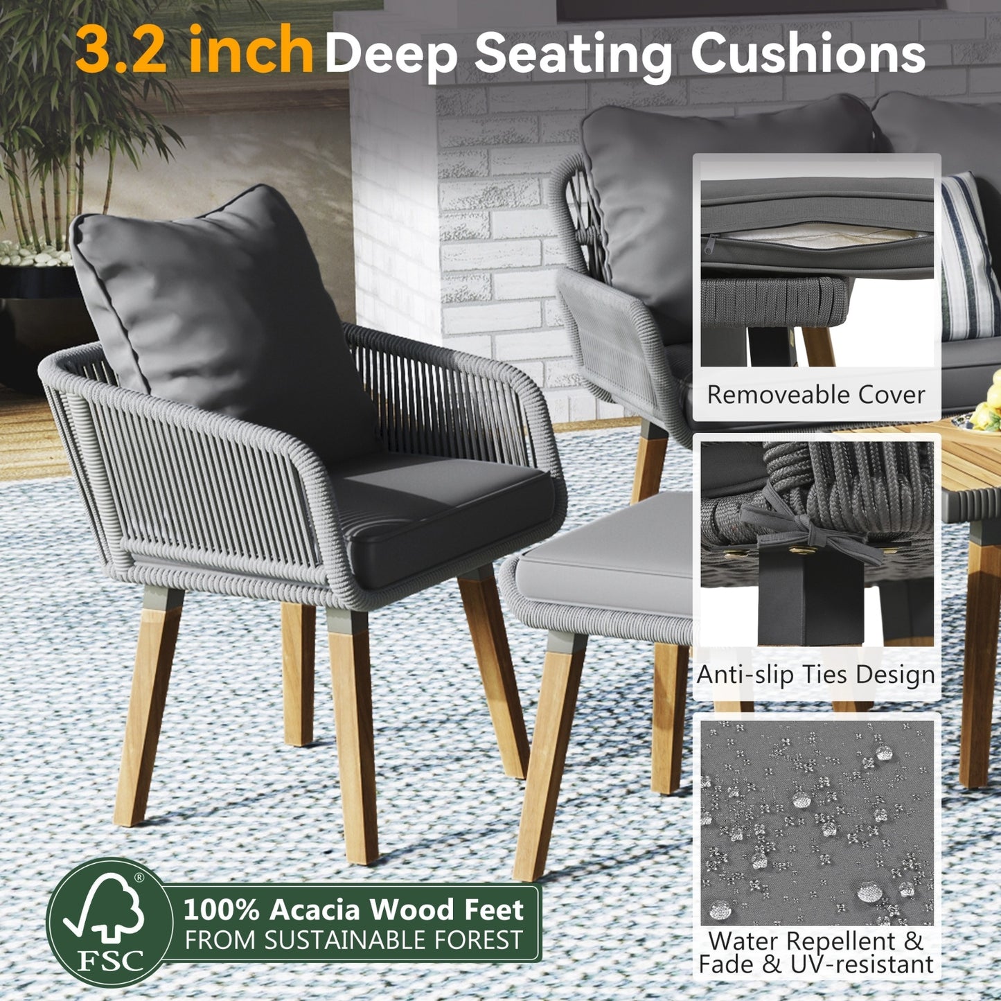 K&K 6-Piece Rope Patio Furniture Set, Outdoor Furniture With Acacia Wood Cool Bar Table With Ice Bucket