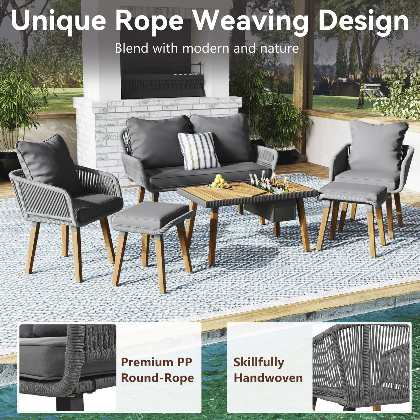 K&K 6-Piece Rope Patio Furniture Set, Outdoor Furniture With Acacia Wood Cool Bar Table With Ice Bucket