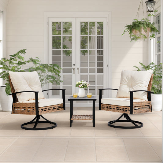 2pcs Swivel Chair And 1pc Side Table, Sparsely Braided Light Rattan, Off-white Mat, Braided Rattan Three-piece Set