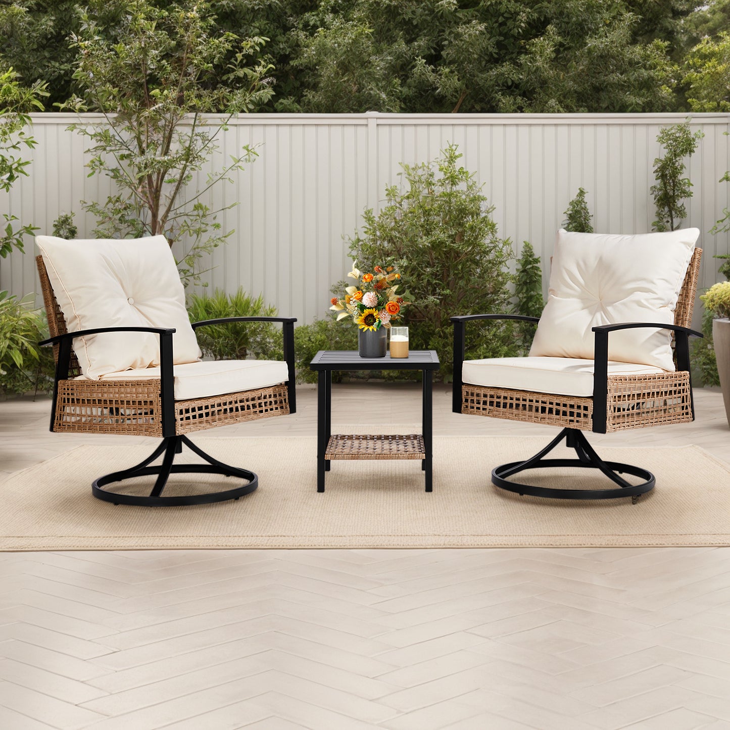 2pcs Swivel Chair And 1pc Side Table, Sparsely Braided Light Rattan, Off-white Mat, Braided Rattan Three-piece Set