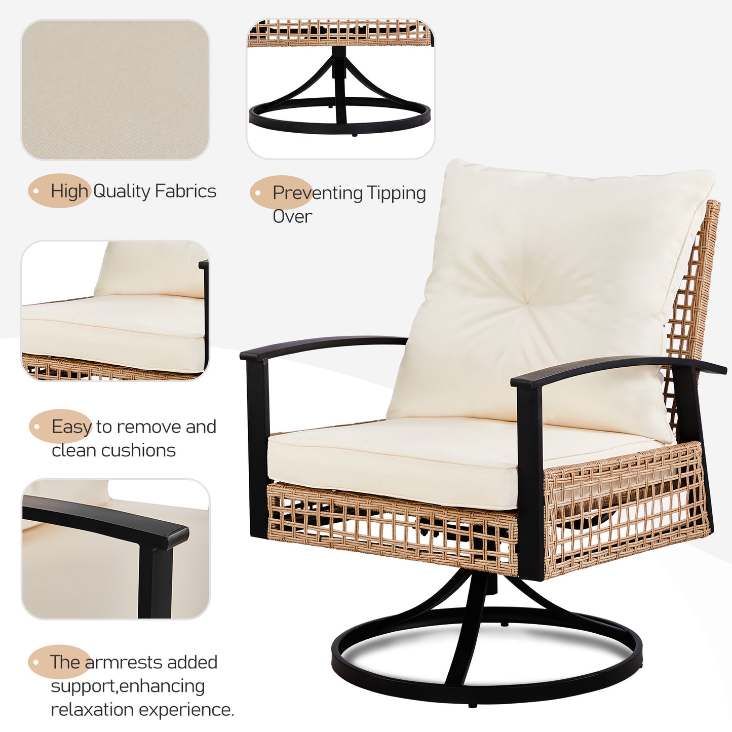 2pcs Swivel Chair And 1pc Side Table, Sparsely Braided Light Rattan, Off-white Mat, Braided Rattan Three-piece Set