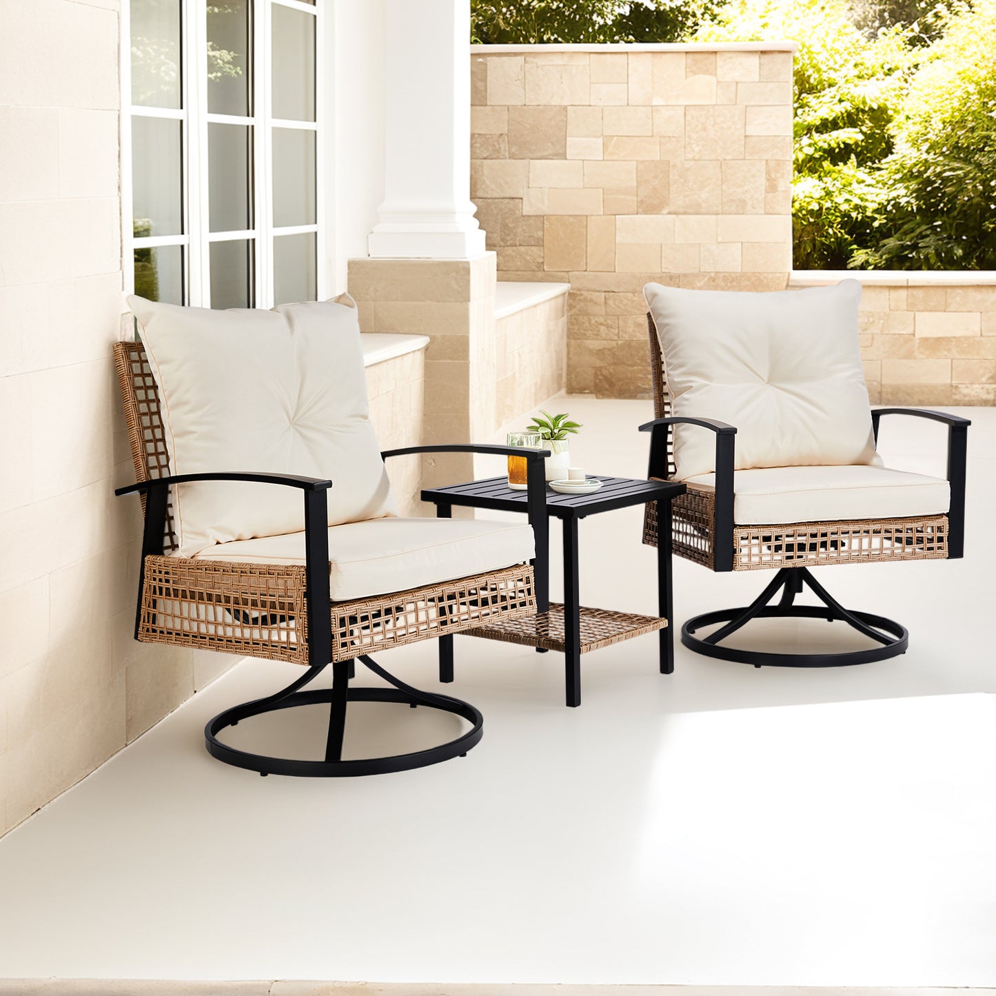 2pcs Swivel Chair And 1pc Side Table, Sparsely Braided Light Rattan, Off-white Mat, Braided Rattan Three-piece Set