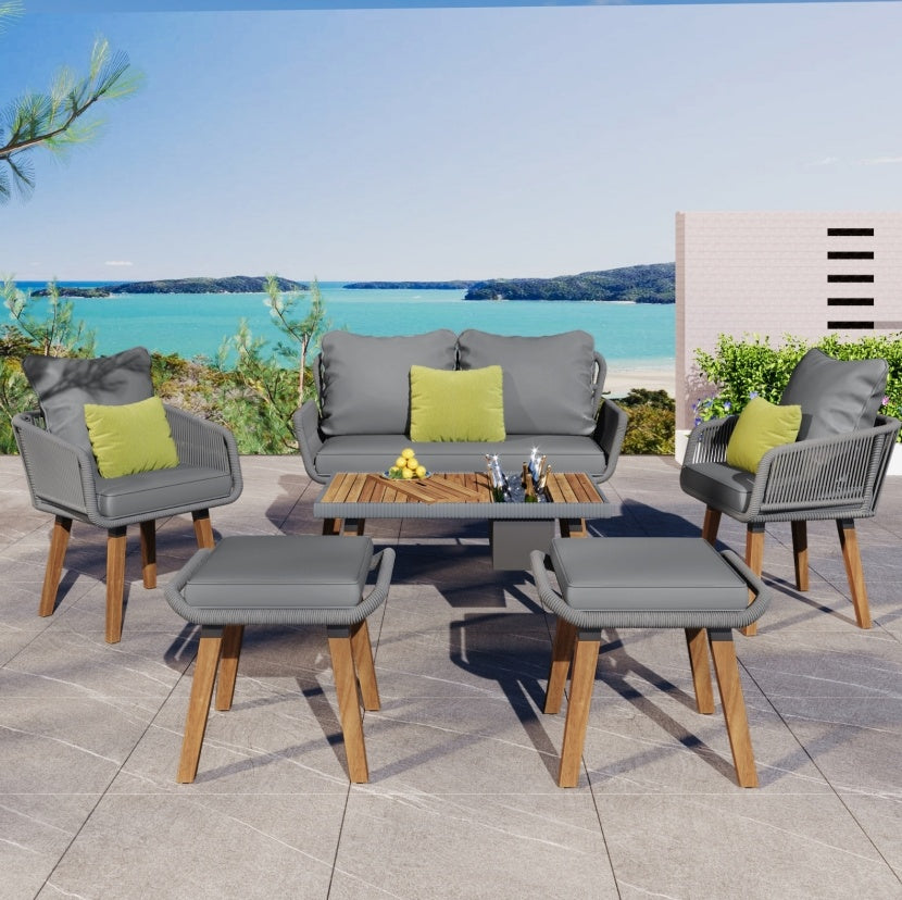 K&K 6-Piece Rope Patio Furniture Set, Outdoor Furniture With Acacia Wood Cool Bar Table With Ice Bucket