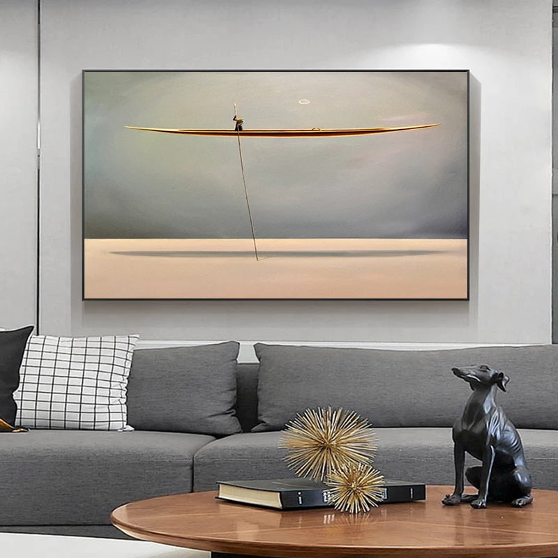 Abstract Golden Sea Boat Canvas Painting