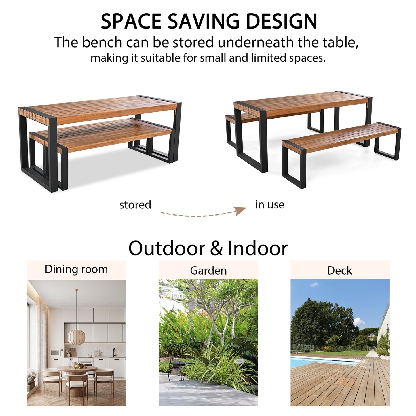 3-pieces Outdoor Dining Table 2 Benches, Patio Dining Set With Unique Top Texture, Acacia Wood