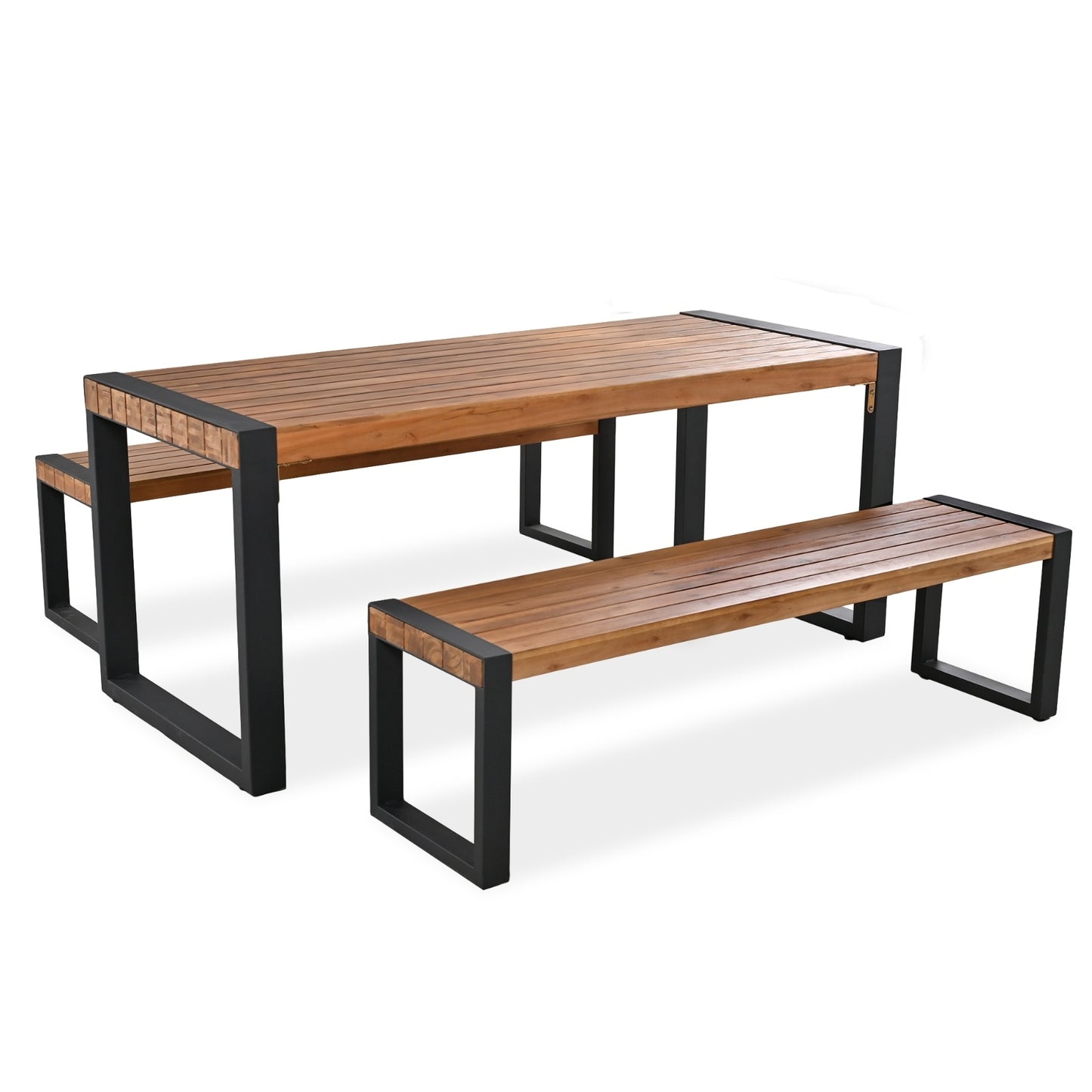 3-pieces Outdoor Dining Table 2 Benches, Patio Dining Set With Unique Top Texture, Acacia Wood
