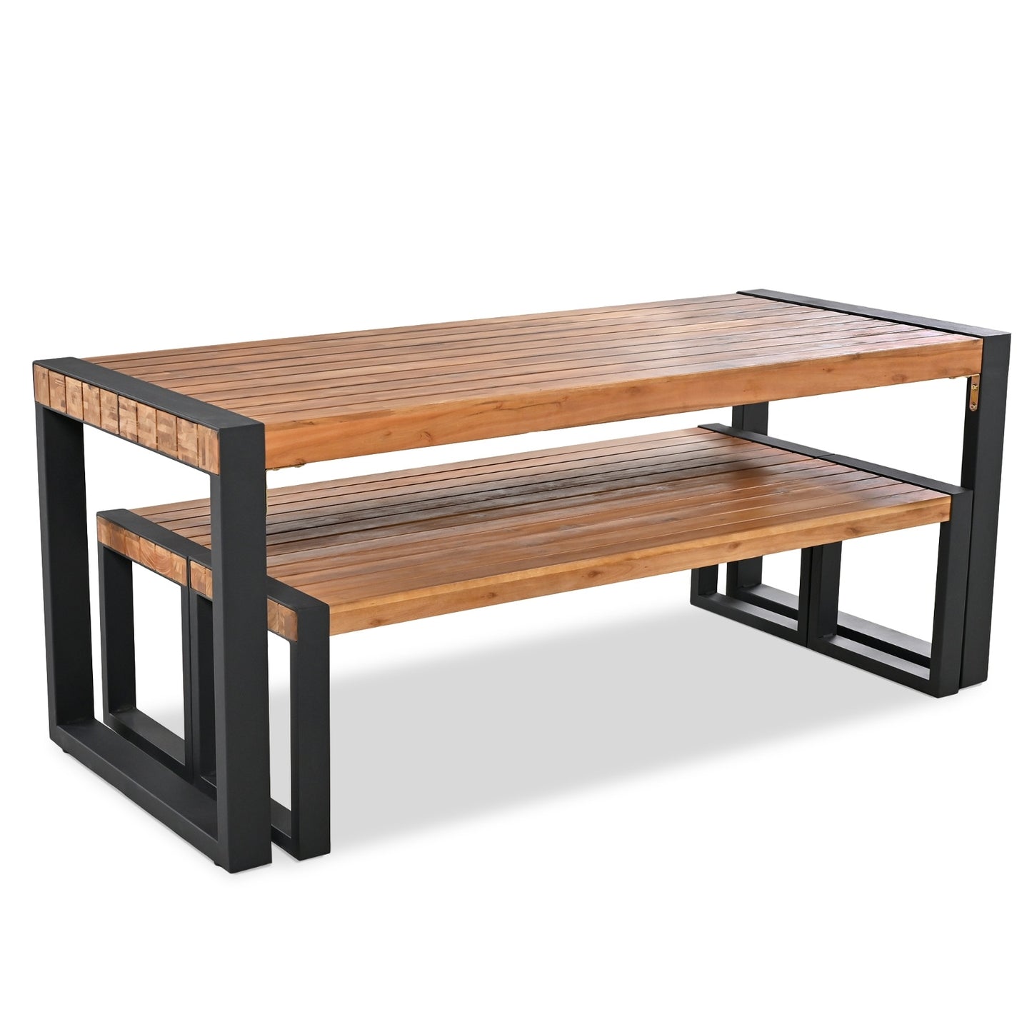 3-pieces Outdoor Dining Table 2 Benches, Patio Dining Set With Unique Top Texture, Acacia Wood