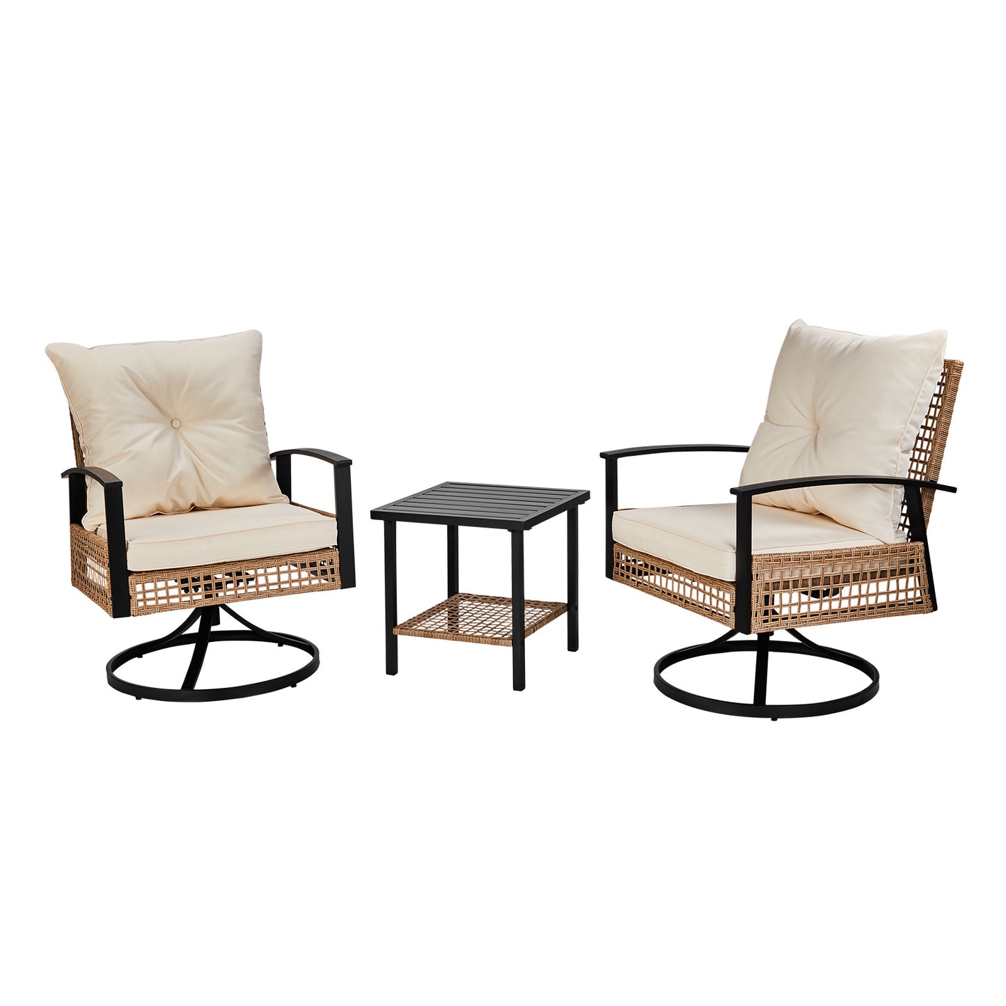 2pcs Swivel Chair And 1pc Side Table, Sparsely Braided Light Rattan, Off-white Mat, Braided Rattan Three-piece Set