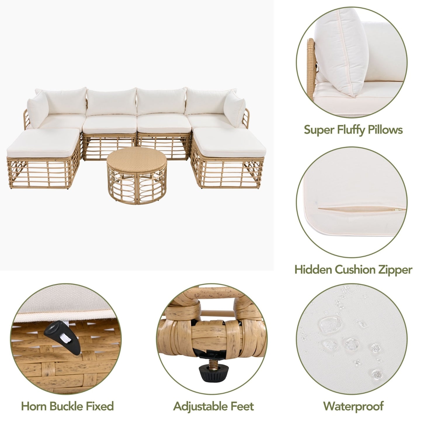 7 Pieces Outdoor Patio Furniture, All-Weather Rattan Sectional Sofa Set With Thick Cushions And P