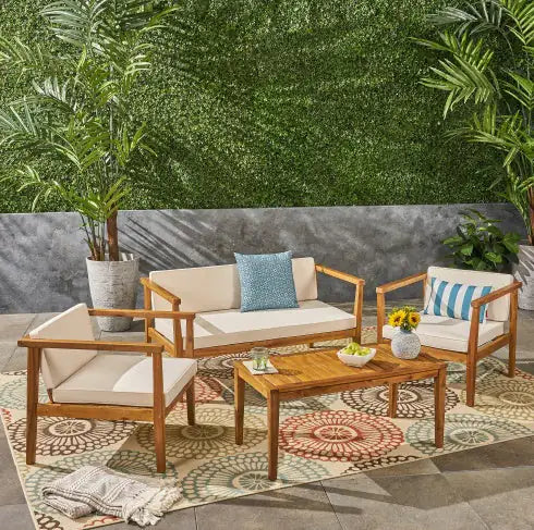 Acacia Wood 4-Piece Patio Chat Set in Teak and Beige