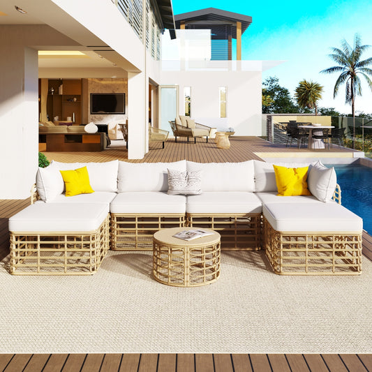 7 Pieces Outdoor Patio Furniture, All-Weather Rattan Sectional Sofa Set With Thick Cushions And P