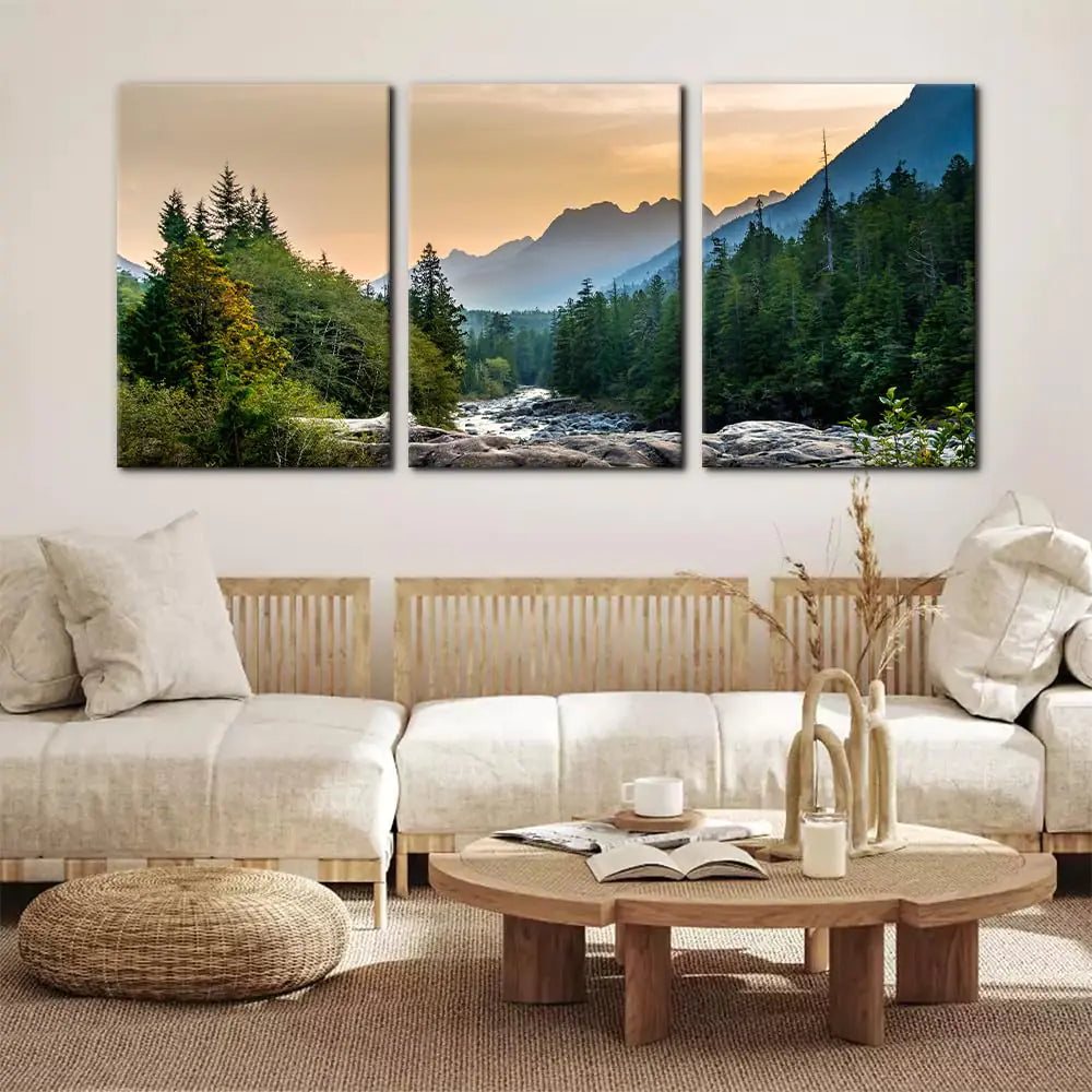 Sunset Mountain Lake Triptych Canvas Art